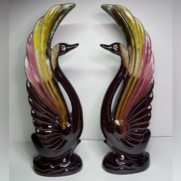 Vintage Pair of Swan Figurines – Redware Drip Glaze Pottery (9.5”) - Picture 1 of 17